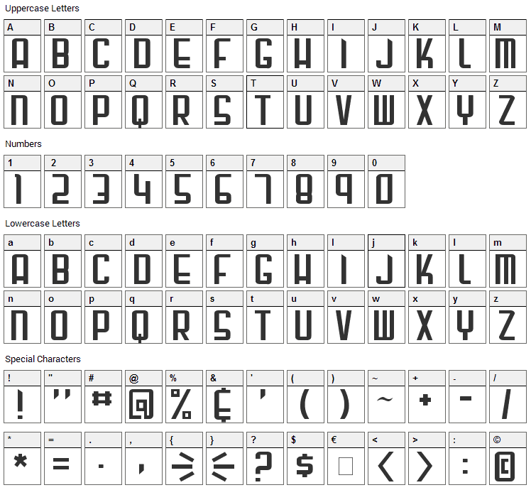 Gunblade Font Character Map