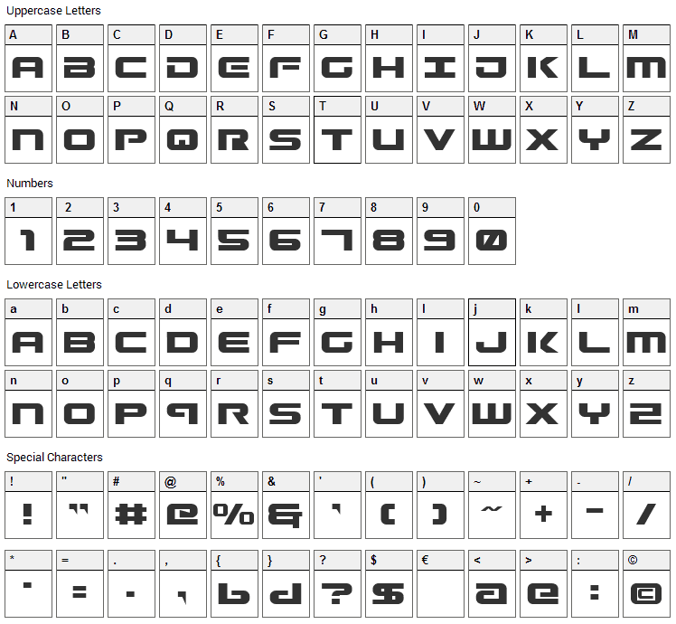 Gunship Font Character Map