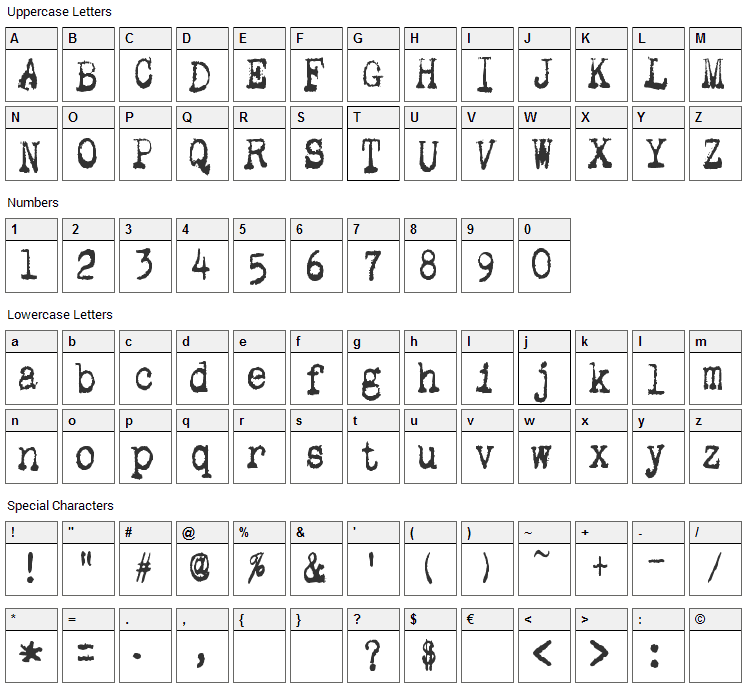 Gutter Vomit Font Character Map