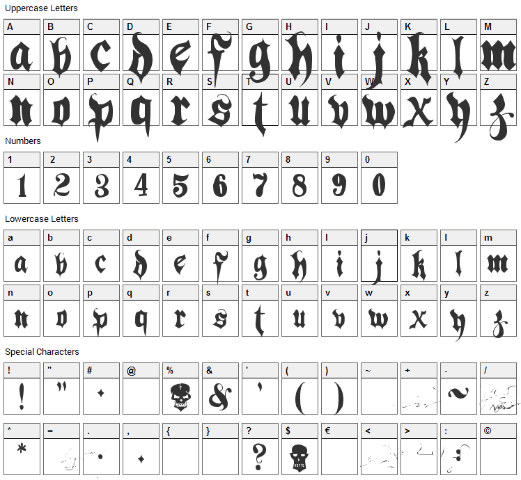 Hacjiuza Font Character Map