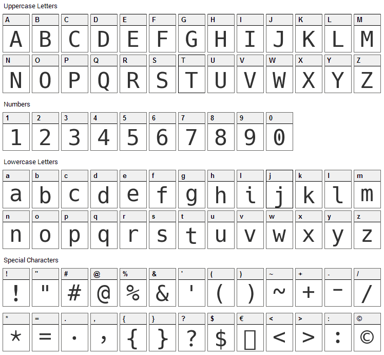 Hack Font Character Map