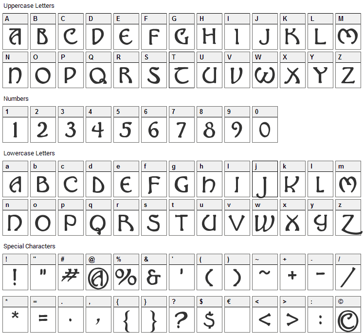 Hadley Font Character Map