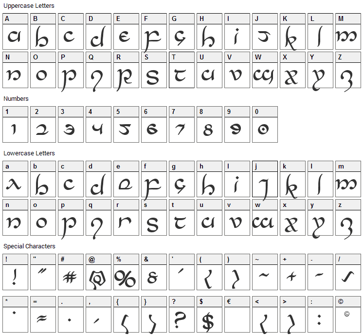 Half-Elven Font Character Map