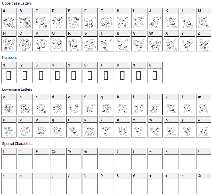 Halloween Bats Font Character Map