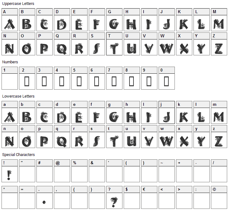 Halloween Spider Font Character Map