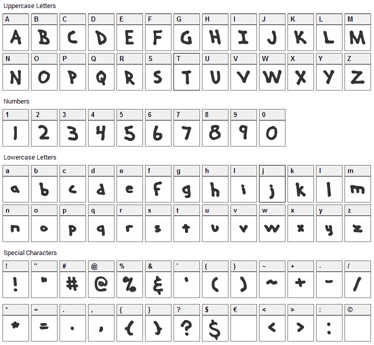 Hand Me Down Font Character Map