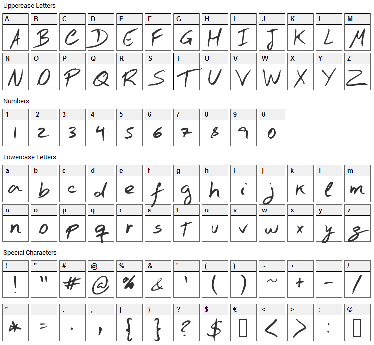 Hand Test Font Character Map