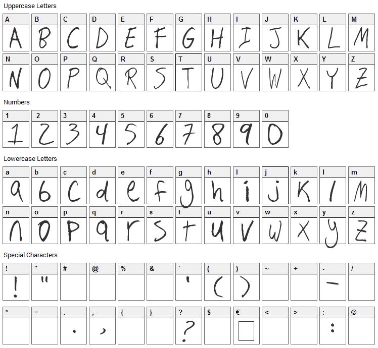 Hand Writing Font Character Map