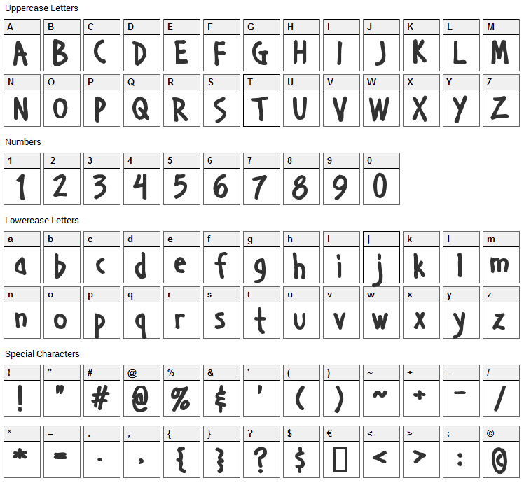 Handage Font Character Map