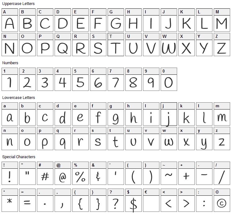 Handlee Font Character Map