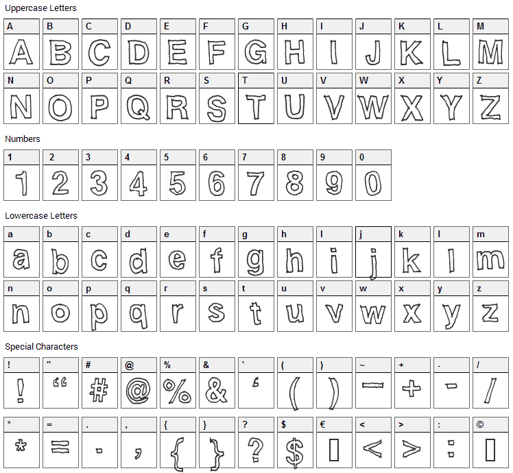 Handvetica Font Character Map