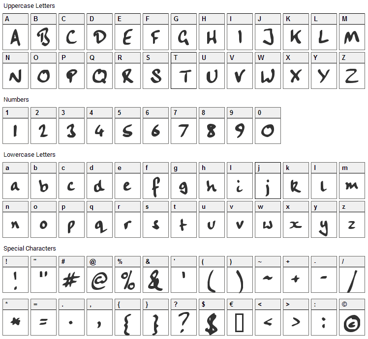 Handwriting Font Character Map