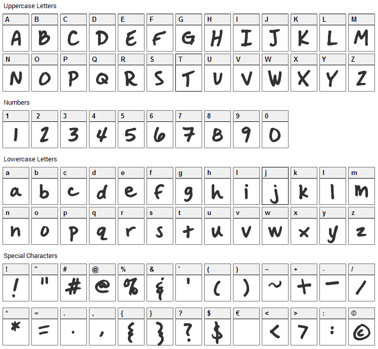 Handwritten Crystal Font Character Map