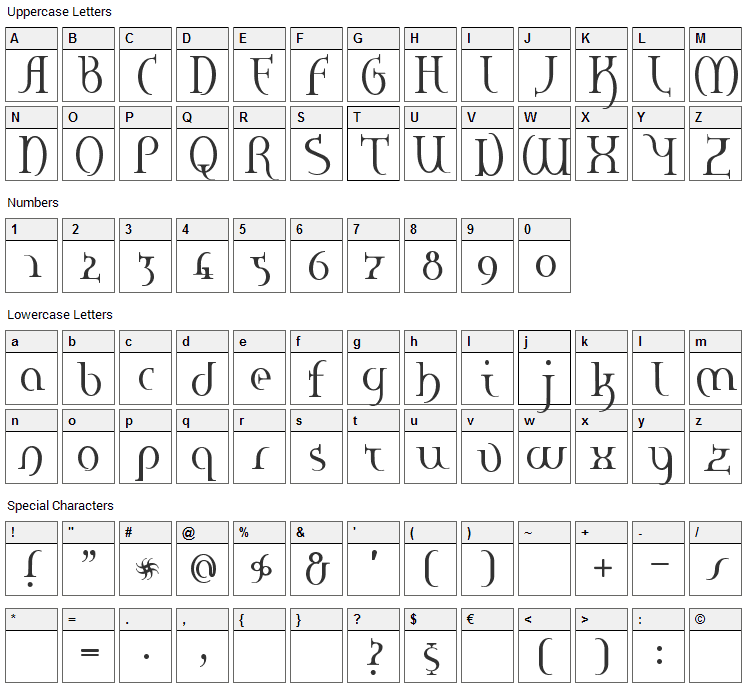 Hane Font Character Map