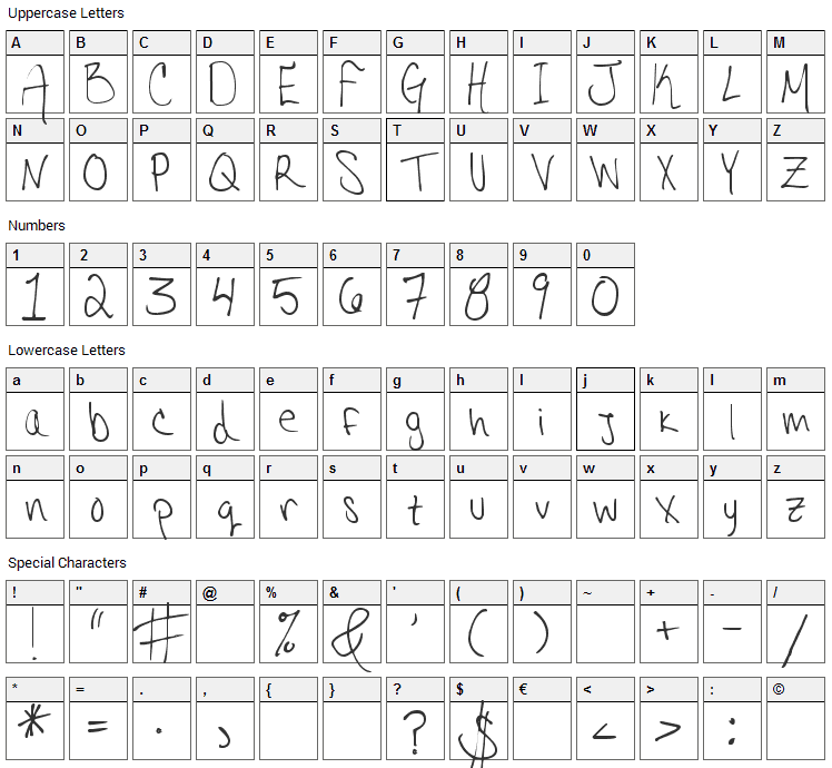 Hannahs Messy Handwriting Font Character Map