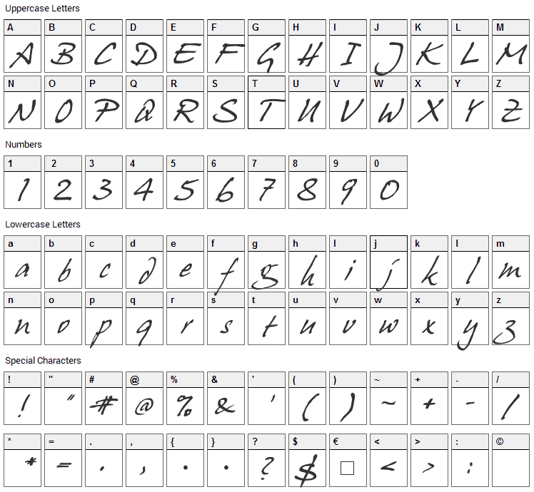 Hans Hand Font Character Map