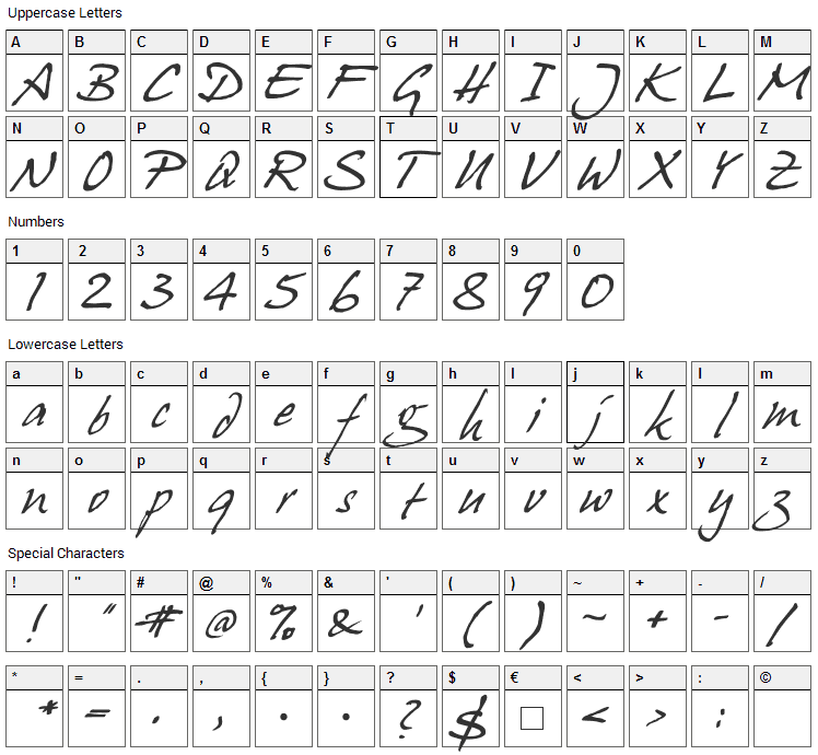 Hanshand Font Character Map