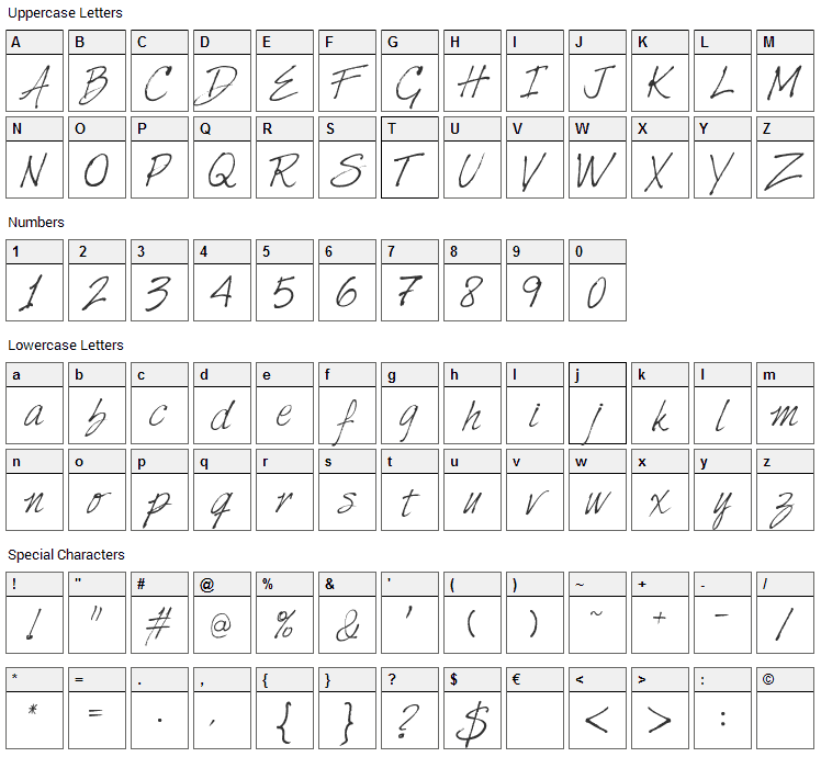 Harabara Hand Font Character Map