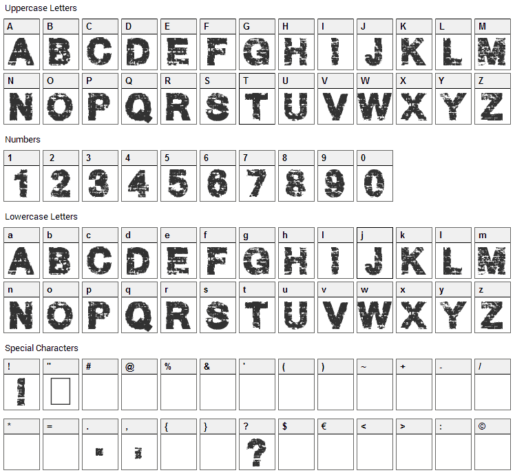 Hard Grunge Font Character Map