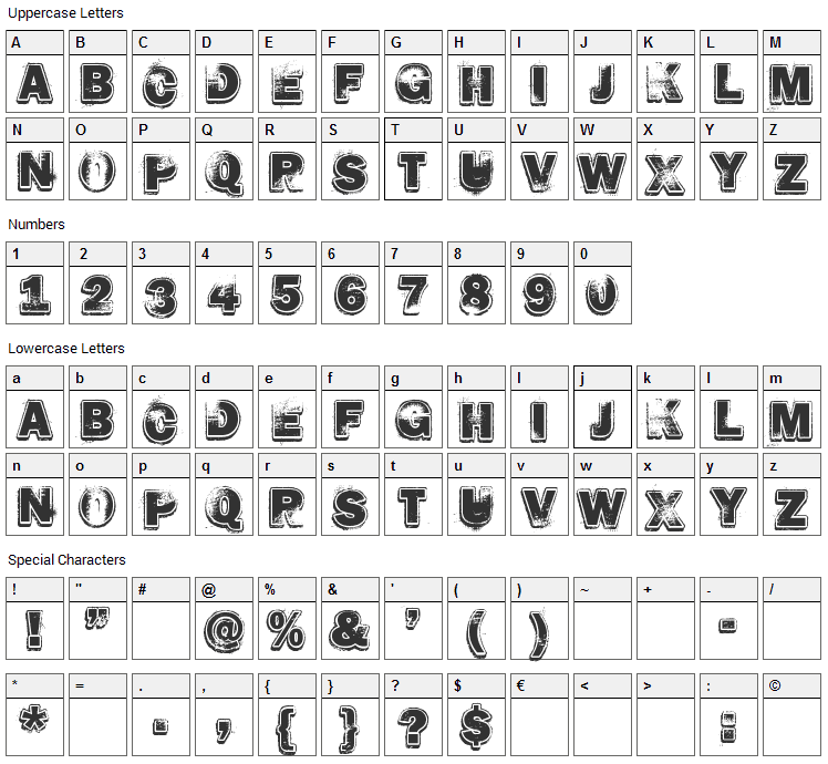 Hard Rock Font Character Map