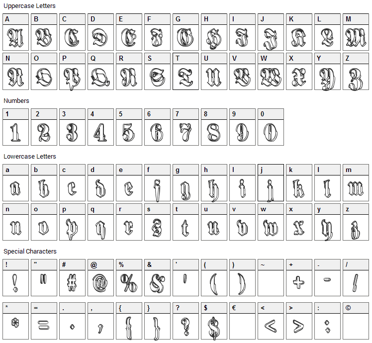 Harmaa Perkele Font Character Map