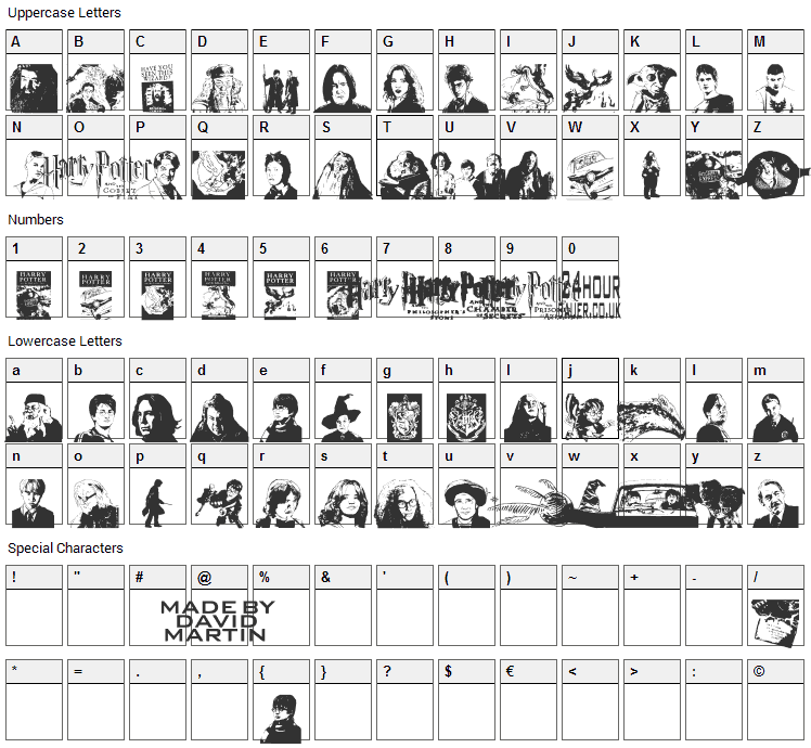 Harry Potter and the Dingbats Font Character Map