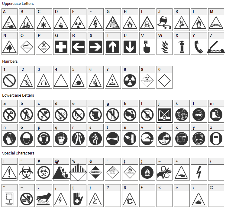 Hazard Font Character Map