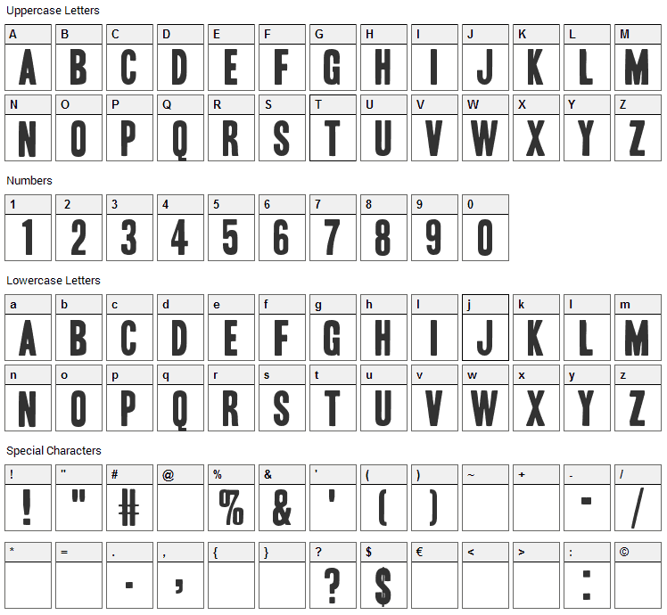 Headline Font Character Map