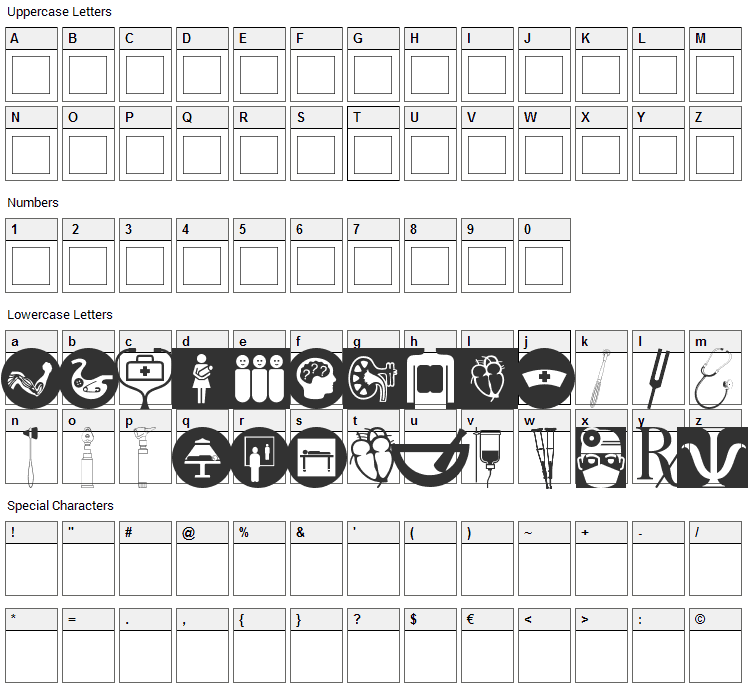 Healthcare Symbols Font Character Map