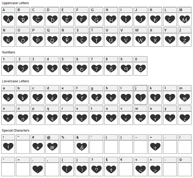 Heart Attack Font Character Map