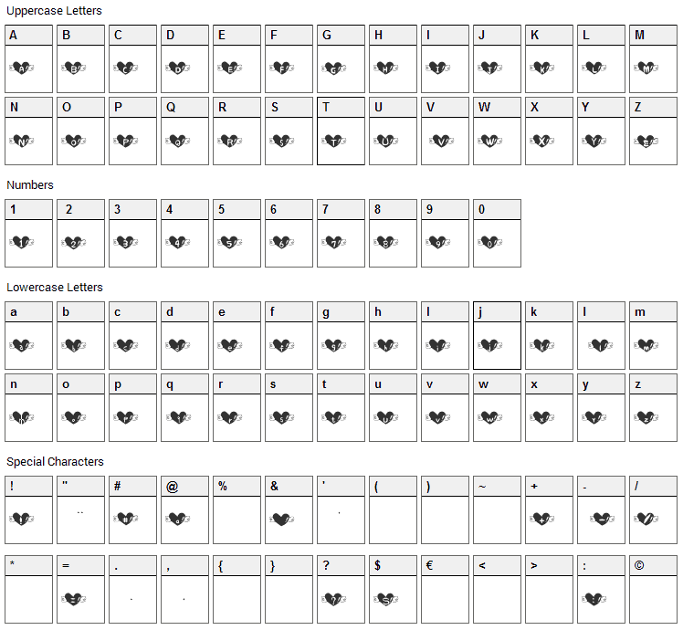 Heart Font Character Map