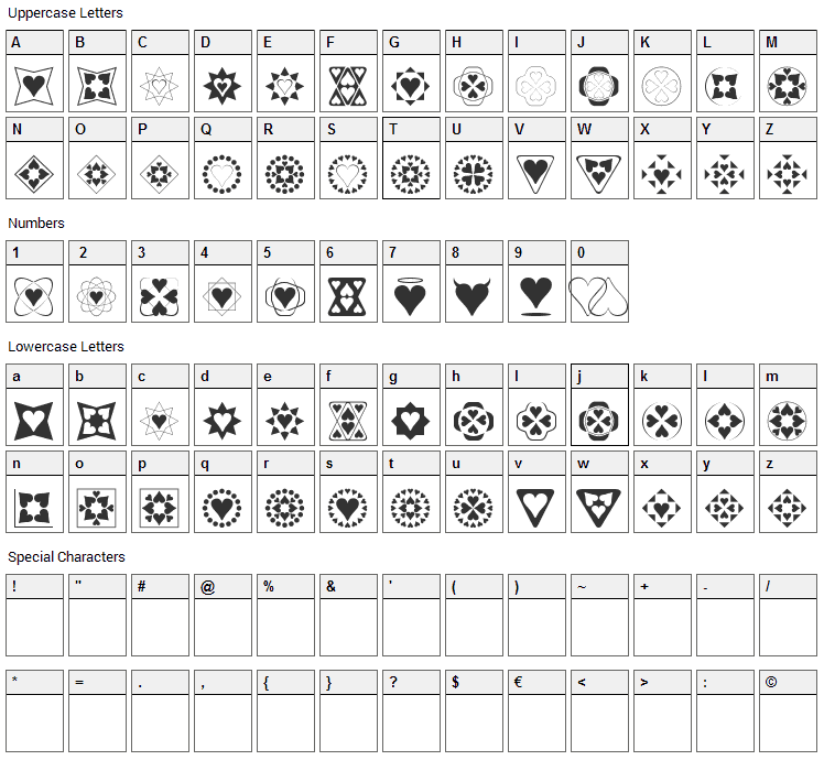 Heart Things Font Character Map