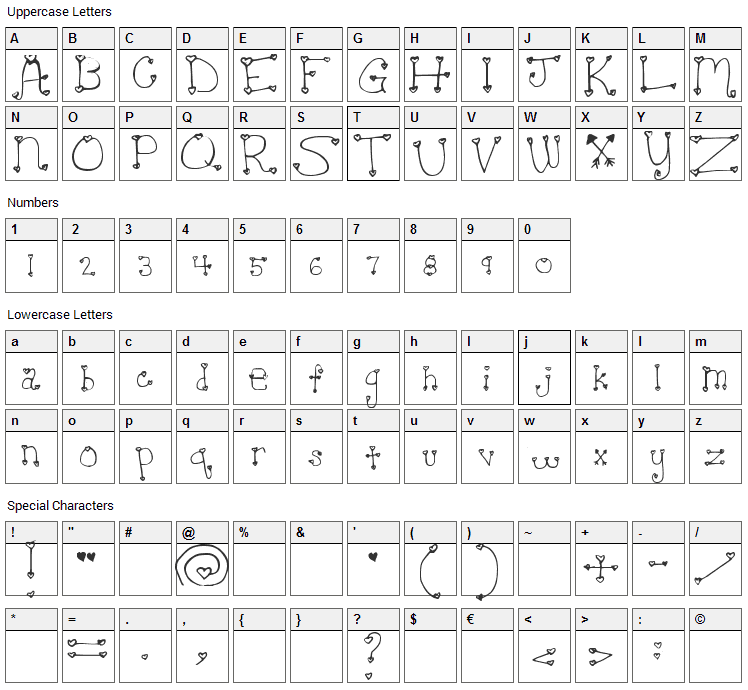 Heartache Teen Crush Font Character Map