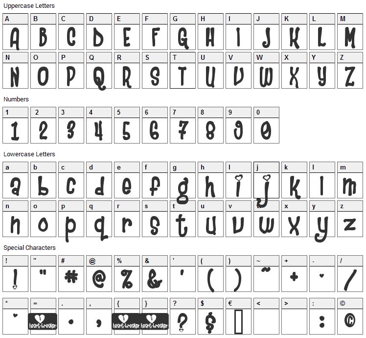 Heartbreaker Font Character Map