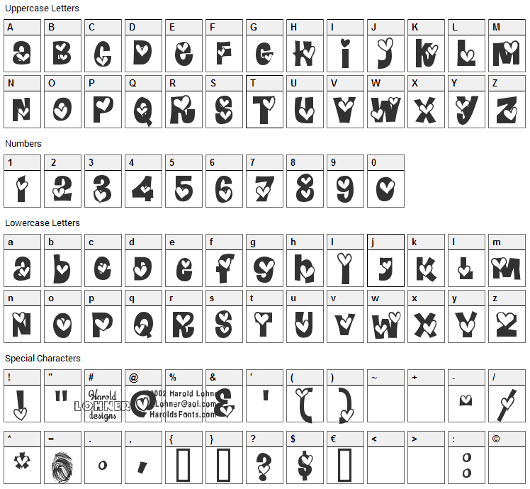 Heartland Font Character Map