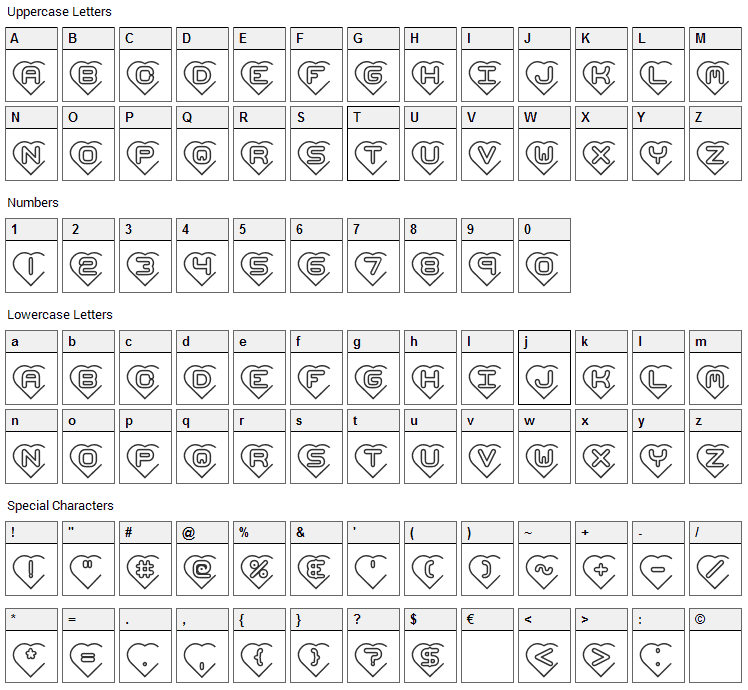 Hearts BRK Font Character Map
