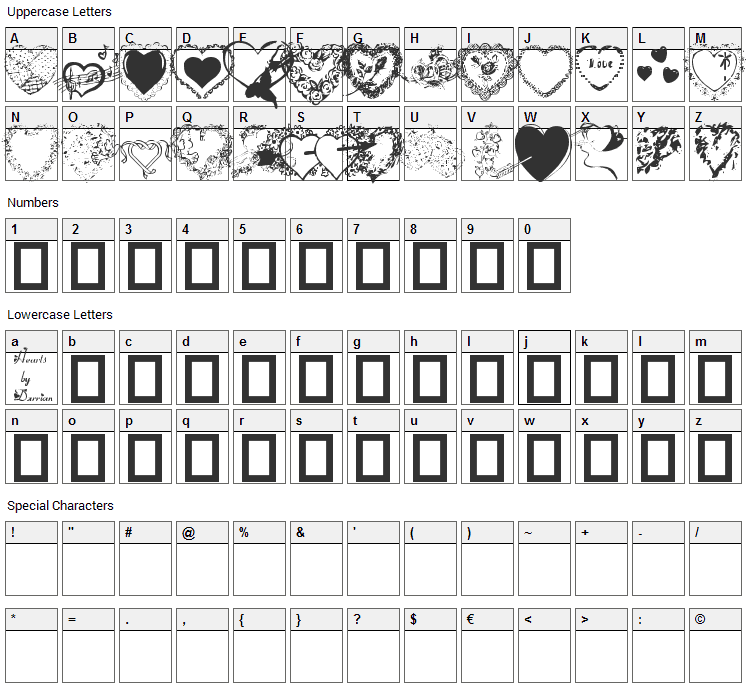 Hearts by Darrian Font Character Map