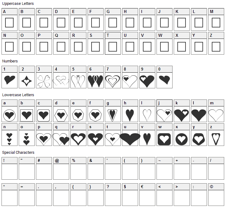 Hearts Font Character Map