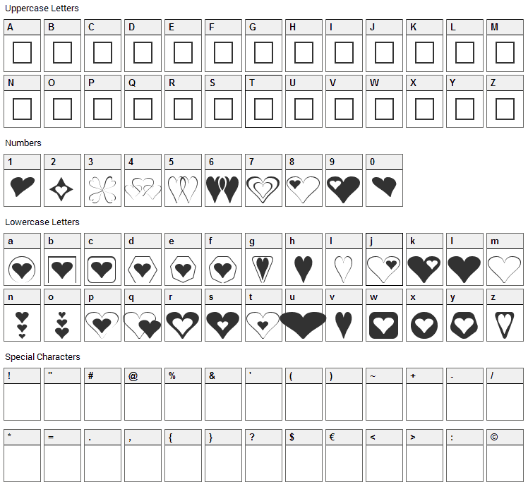 Hearts for 3D FX Font Character Map