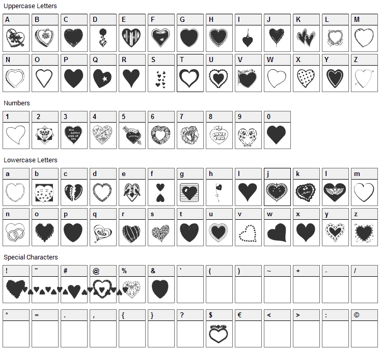 Hearts Galore Font Character Map