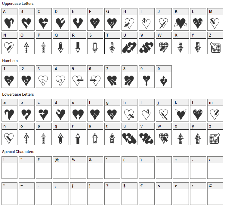 Hearts n Arrows Font Character Map