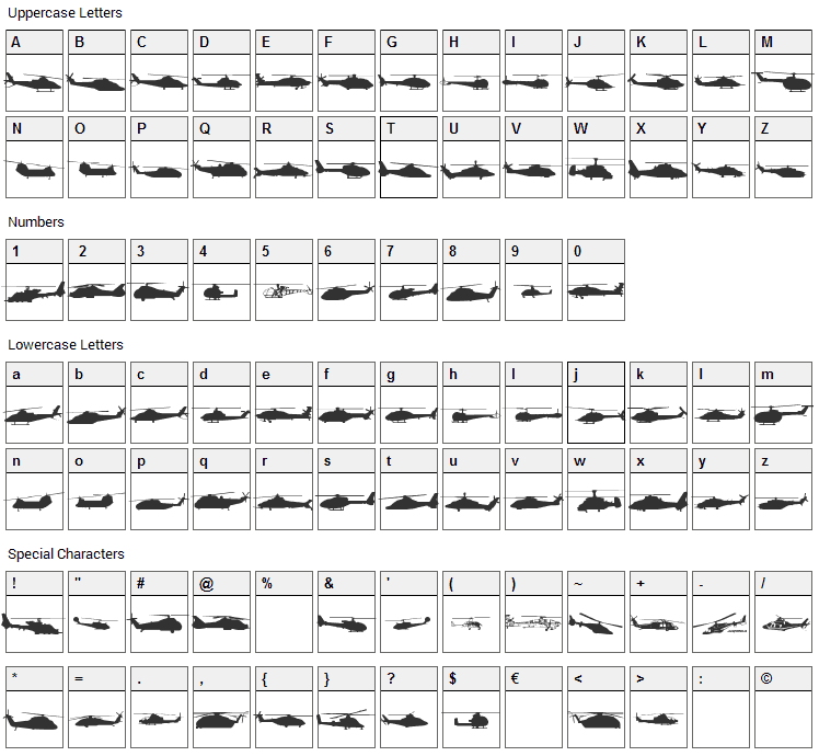 Hello Copters Font Character Map