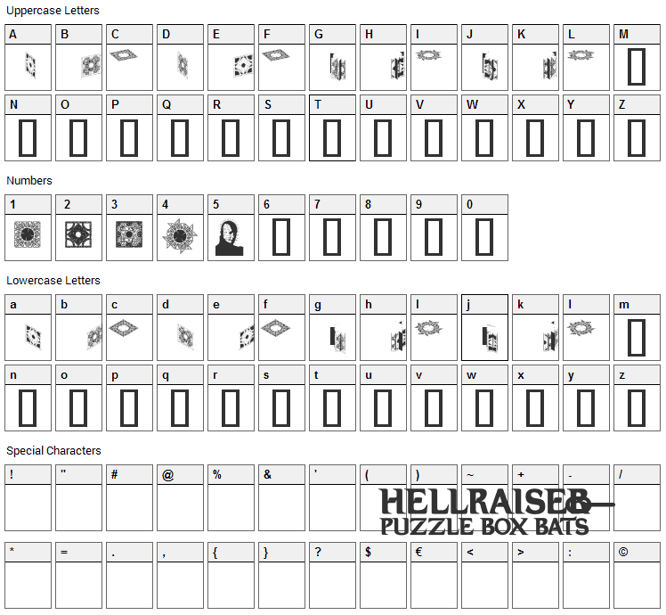 Hellraiser Puzzlebox Bats Font Character Map