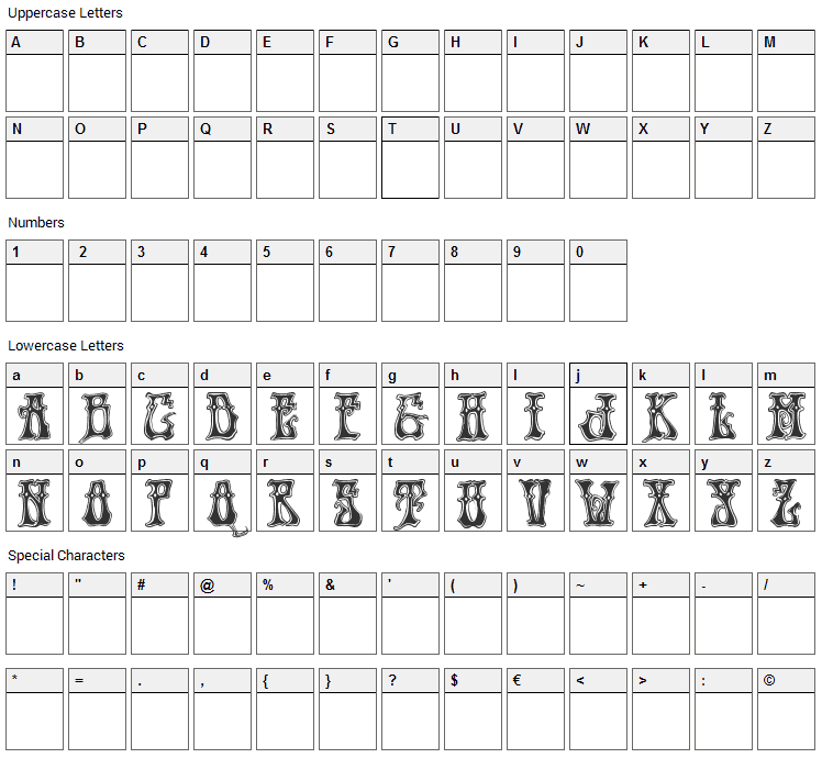 Hendrix Font Character Map