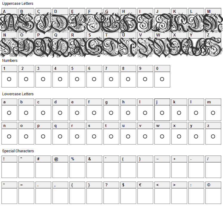 Hentzau Initials Font Character Map