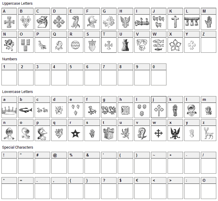 Heraldic Devices Font Character Map