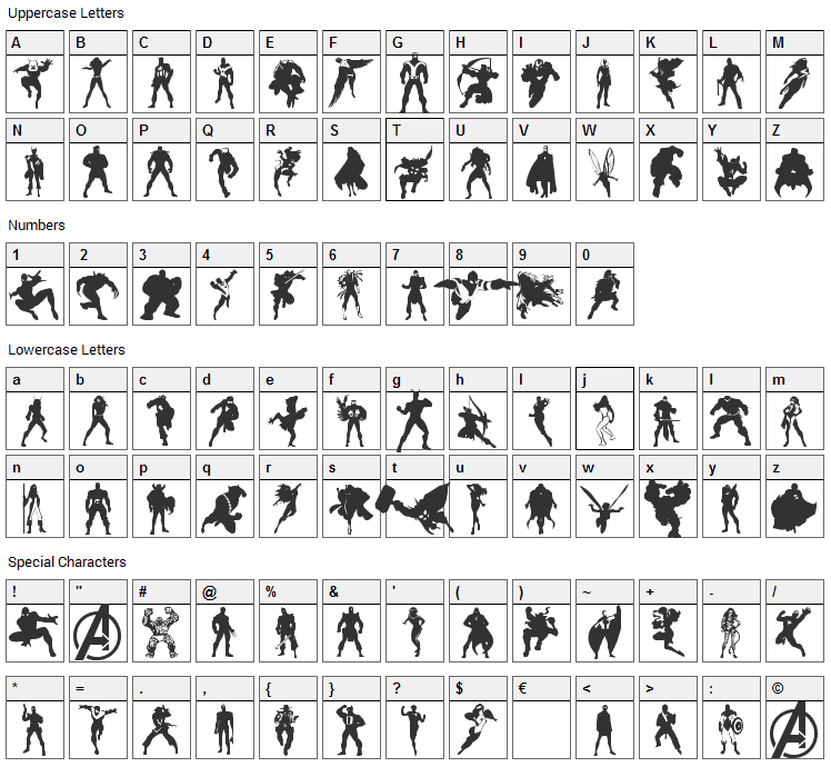 Heroes Assemble Dingbats Font Character Map