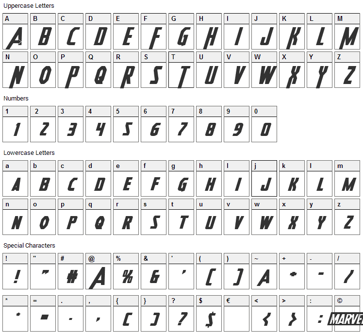 Heroes Assemble Font Character Map