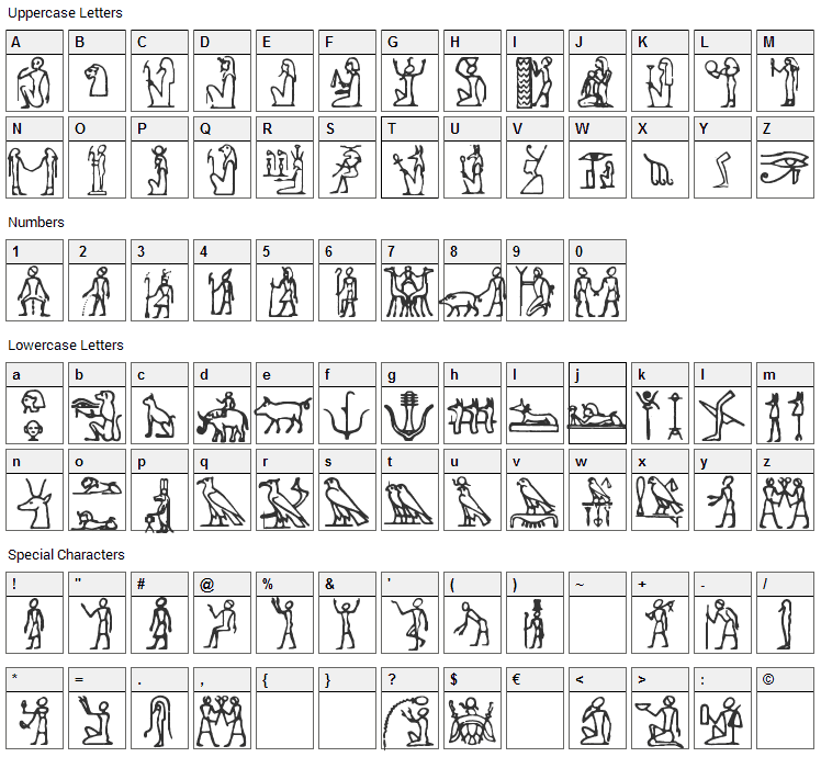 Hieroglify Font Character Map
