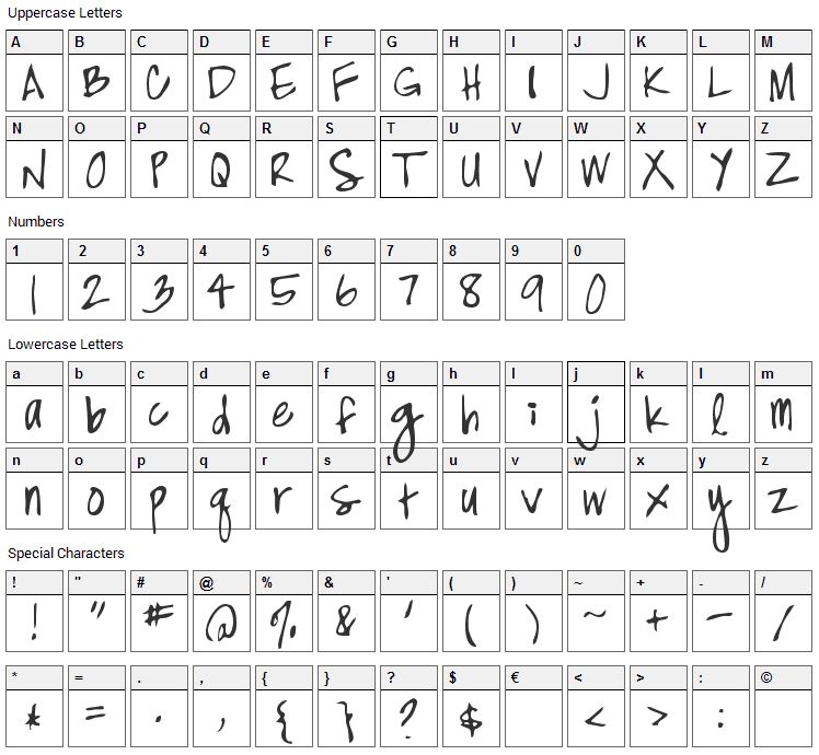 High Strung Font Character Map